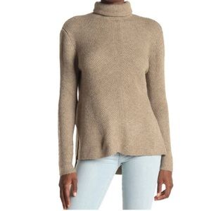 Sweet Romeo Abstract Ribbed/Striped Turtle Neck High Low Stretchy Tunic Sweater